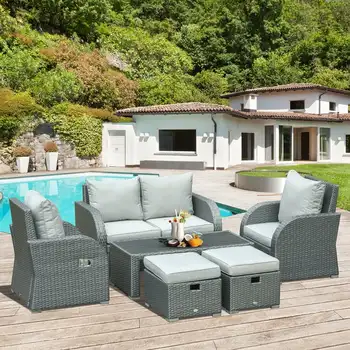 6 ШТ. Уличный плетеный диван из ротанга, мебель для патио на любую погоду с чайным столиком и подушкой для сада на заднем дворе, серый