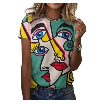 Летняя женская футболка с 3D-принтом, короткий рукав, круглый вырез, милые повседневные футболки с абстракцией граффити, Большие размеры S-5XL