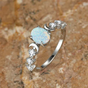 Женское винтажное модное кольцо с маленькой Луной, Белое, голубое, с овальным камнем, с опалом, Обручальное Кольцо из розового золота, Серебряные Обручальные кольца для женщин
