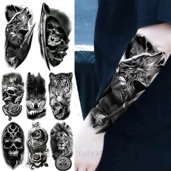 Большие временные татуировки Черного Воина-Волка для женщин и мужчин, реалистичный Череп, Тигр, Лев, Компас, поддельная татуировка, наклейка на руку, татуировки