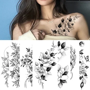 Размер наклейки для временных татуировок Sketch Flowers Sketch Tattoo Rose Blossoms Черно-белые цветы: