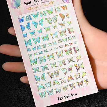 1pcLaser Серебристо-золотая бабочка 3D Наклейки для ногтей с голографическими бабочками, наклейка с самоклеящимися акриловыми наконечниками, украшение для маникюра