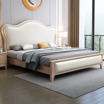 Кровать из массива дерева в американском стиле, двуспальная кровать в главной спальне 1,8 м, белая мягкая спинка, кровать принцессы 1,5 м, высокий бо